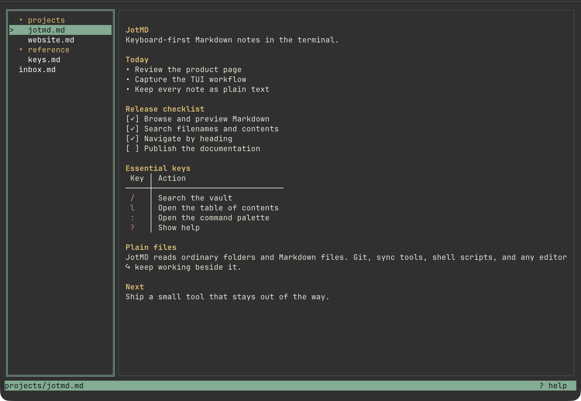 JotMD browsing a Markdown vault with a rendered note preview