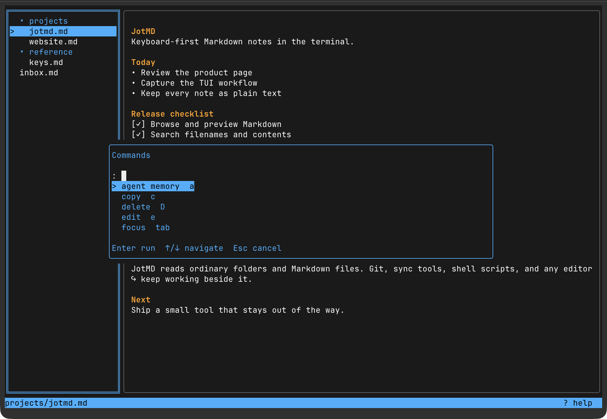 JotMD command palette showing available note actions in the Colorblind Dark theme