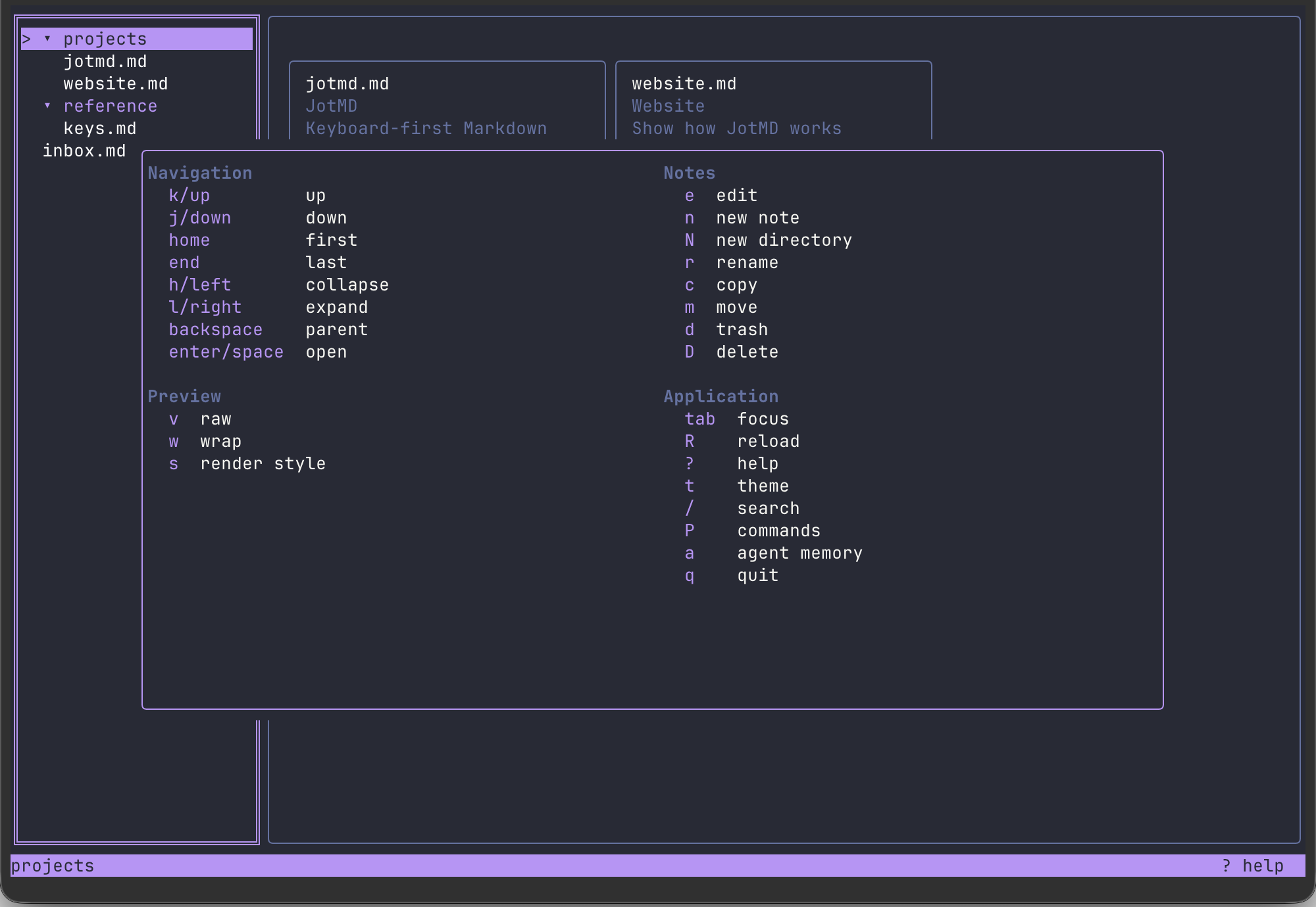 JotMD help overlay listing keyboard shortcuts in the Dracula theme