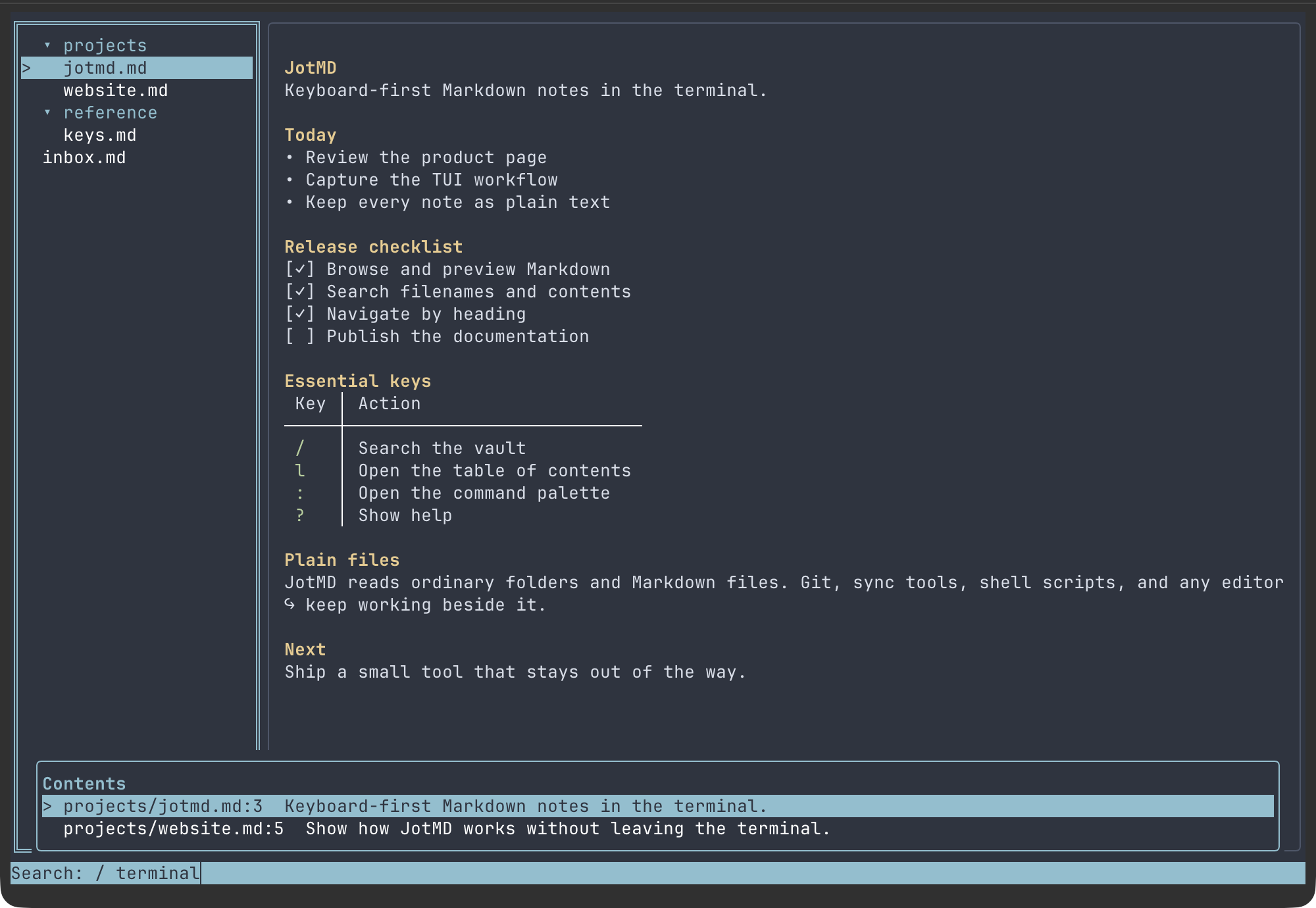 JotMD searching Markdown note contents without leaving the terminal