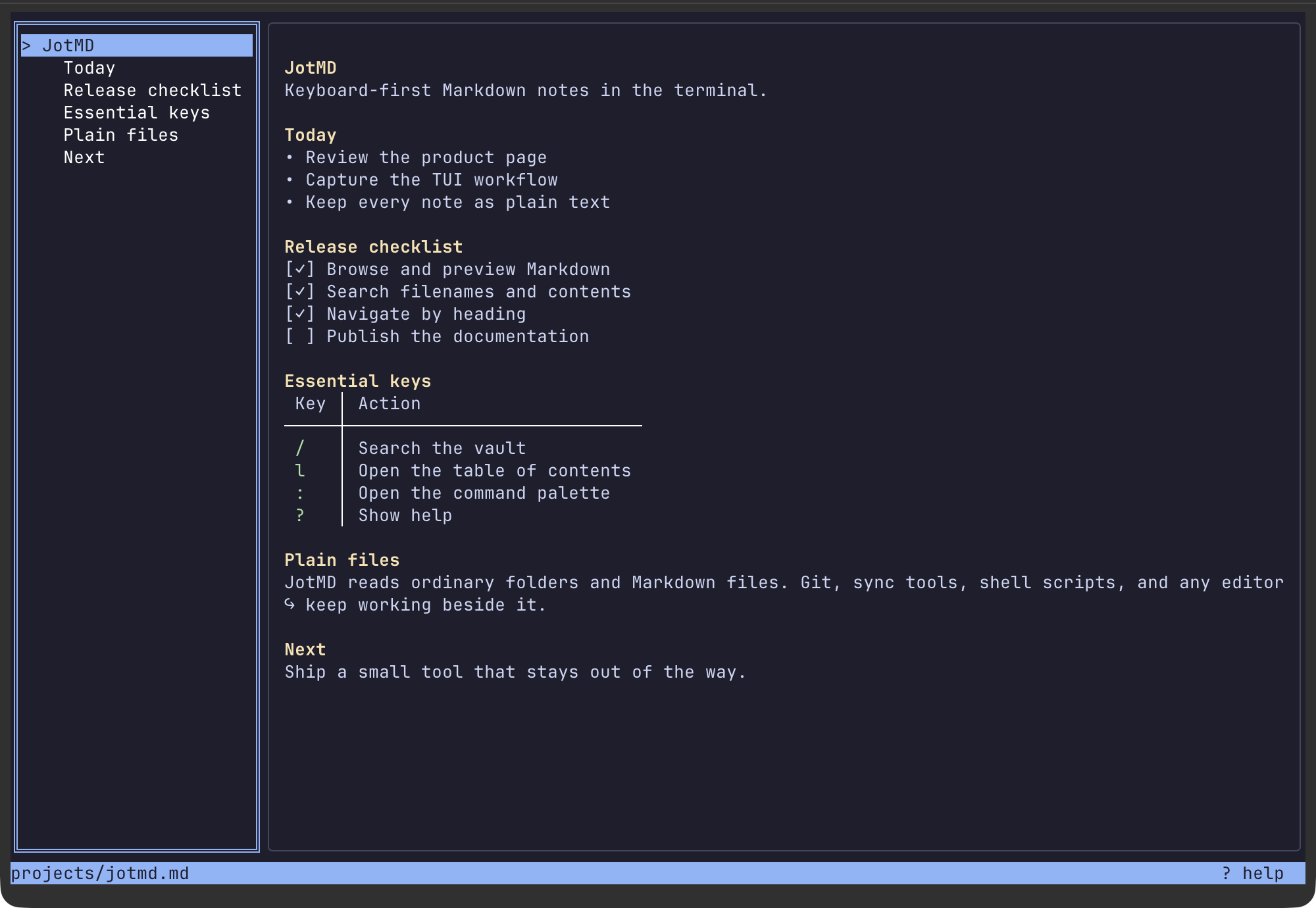 JotMD table of contents beside a rendered Markdown note in the Catppuccin Mocha theme